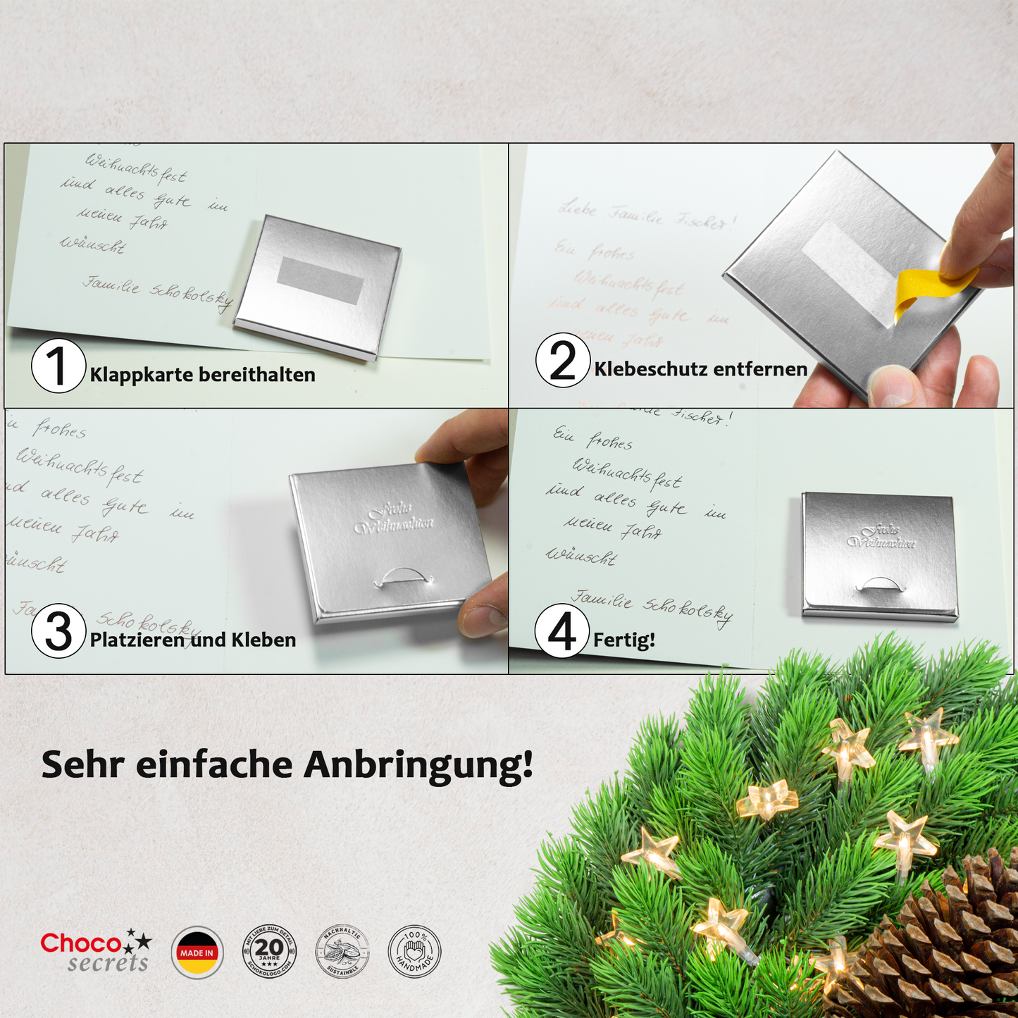 DIY Schoko-Weihnachtstafel zum selber kleben auf eine Weihnachtskarte | Schachtel und Schokolade mit Prägung: „Frohe Weihnachten“
