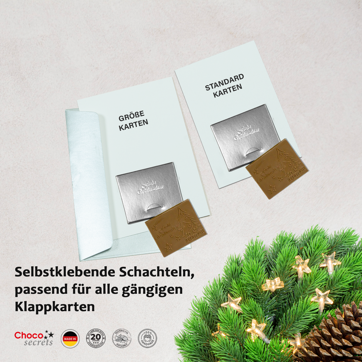 DIY Schoko-Weihnachtstafel zum selber kleben auf eine Weihnachtskarte | Schachtel und Schokolade mit Prägung: „Frohe Weihnachten“