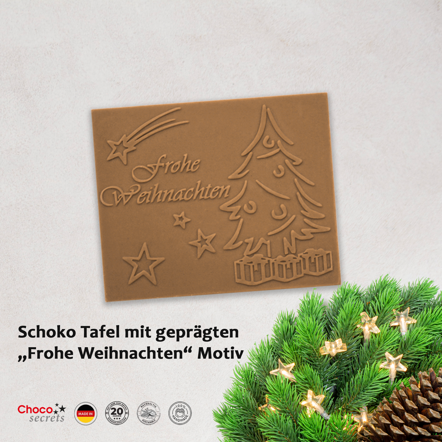 DIY Schoko-Weihnachtstafel zum selber kleben auf eine Weihnachtskarte | Schachtel und Schokolade mit Prägung: „Frohe Weihnachten“