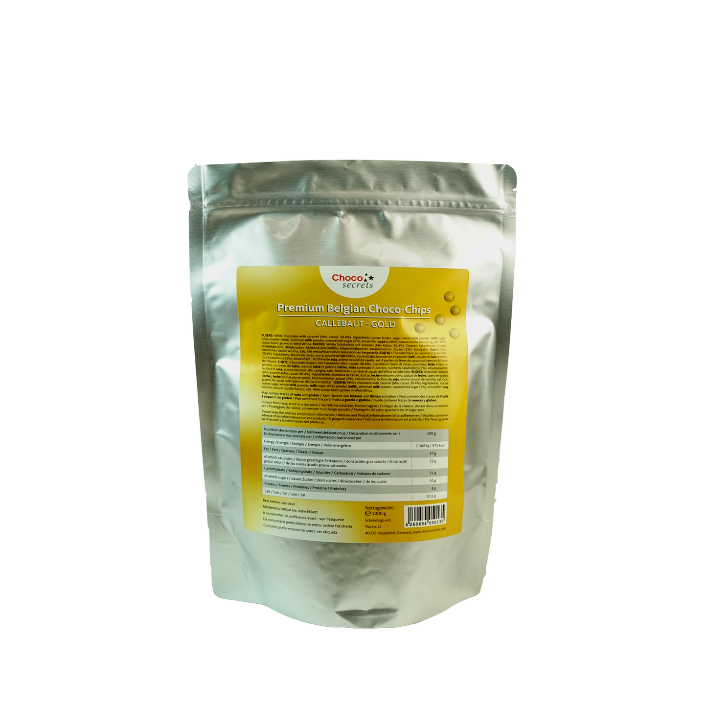 Callebaut Gold 30.4% Finest Belgian Caramel Chocolate Chips 1 kg, in a resealable bag