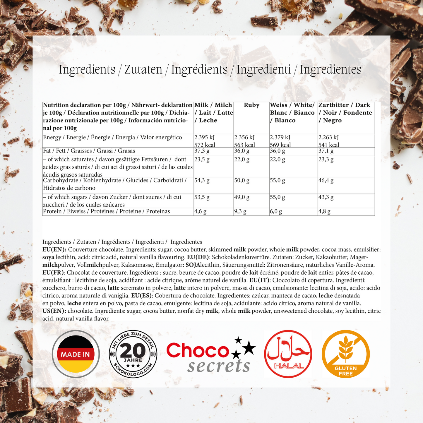 Choco-Drops, 4 x 600g (Vollmilch, Zartbitter, Weiß, Ruby)