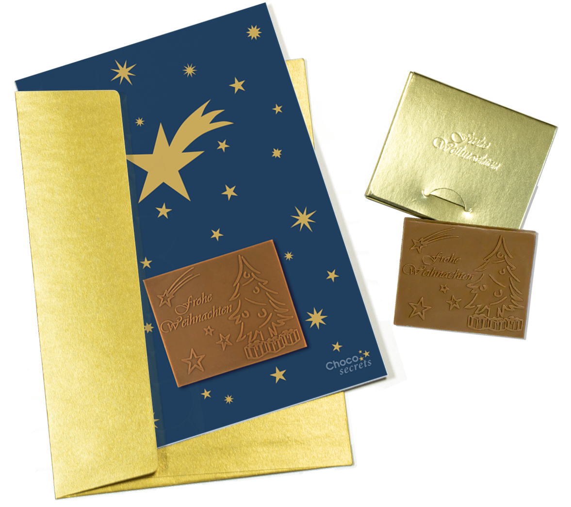 Tarjetas navideñas con chocolate en relieve en caja dorada, juego de 5, diseño de tarjeta: cielo azul oscuro con estrellas doradas, chocolate en relieve: "Frohe Weihnachten", sobre dorado