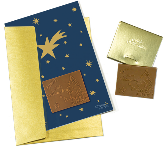 Cartes de Noël avec chocolat en relief dans une boîte dorée, lot de 5, motif de carte : ciel bleu foncé avec étoiles dorées, chocolat en relief : "Frohe Weihnachten", enveloppe en or