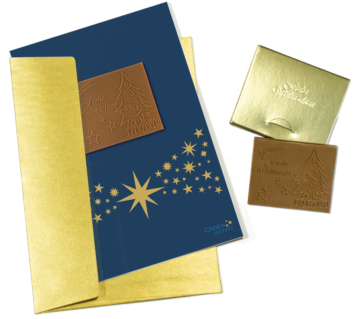 Christmas cards with embossed chocolate in a gold box, set of 5, card design: dark blue sky with star band, embossed chocolate: "Frohe Weihnachten", envelope in gold