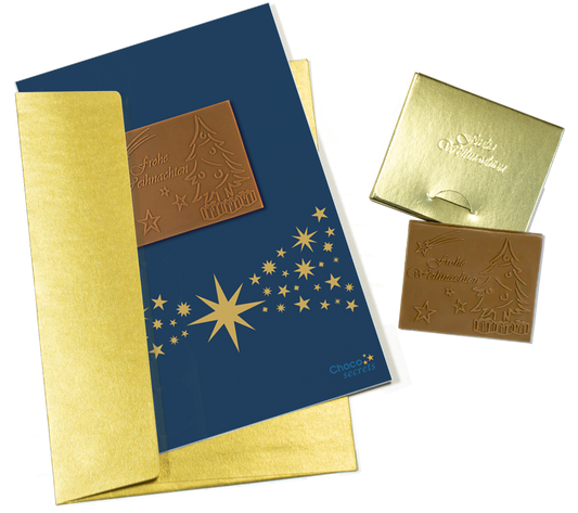 Cartes de Noël avec chocolat en relief dans une boîte dorée, lot de 5, motif de carte : ciel bleu foncé avec bande étoilée, chocolat en relief : "Frohe Weihnachten", enveloppe en or