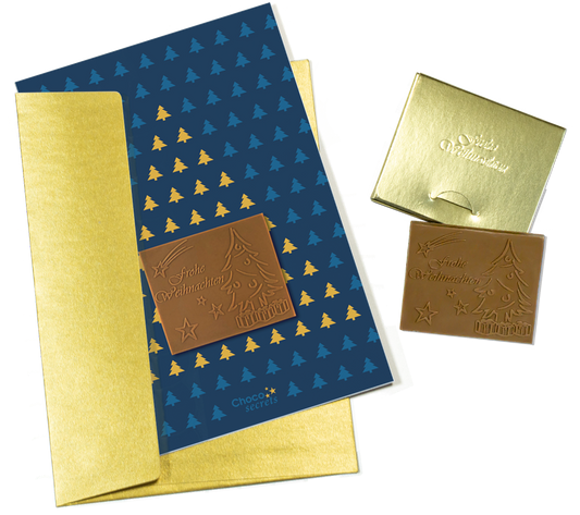 Cartes de Noël avec chocolat en relief dans une boîte dorée, lot de 5, motif de carte : ciel bleu foncé avec sapin de Noël, chocolat en relief : "Frohe Weihnachten", enveloppe en or