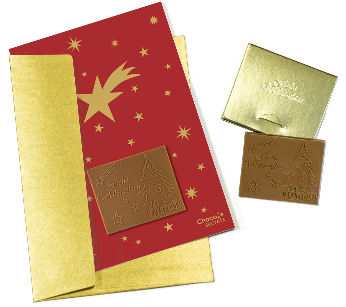Cartes de Noël avec chocolat en relief dans une boîte dorée, lot de 5, motif de carte : rouge avec étoiles dorées, chocolat en relief : "Frohe Weihnachten", enveloppe en or