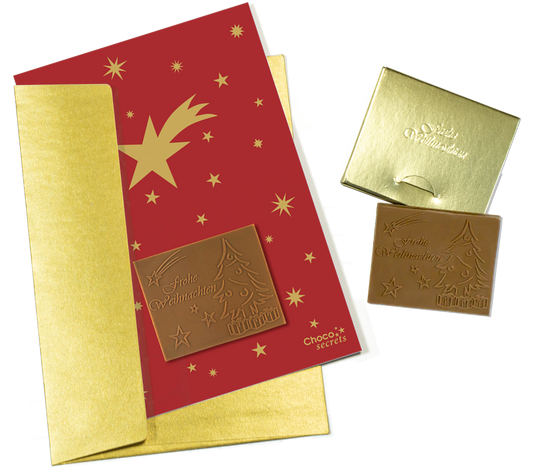 Cartes de Noël avec chocolat en relief dans une boîte dorée, lot de 5, motif de carte : rouge avec étoiles dorées, chocolat en relief : "Frohe Weihnachten", enveloppe en or