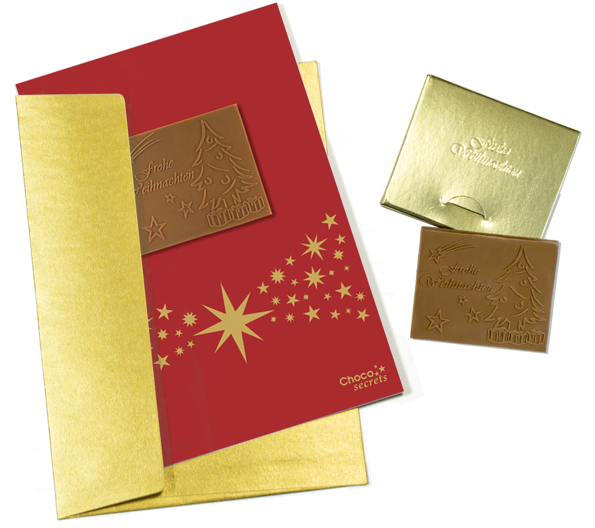 Biglietti di Natale con cioccolato goffrato in scatola dorata, set da 5, design biglietto: rosso con fascia a stella, cioccolato goffrato: "Frohe Weihnachten", busta in oro