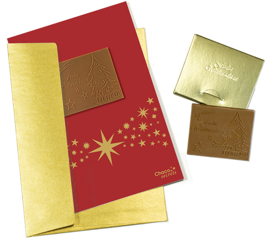 Cartes de Noël avec chocolat en relief dans une boîte dorée, lot de 5, motif de carte : rouge avec bande étoilée, chocolat en relief : "Frohe Weihnachten", enveloppe en or