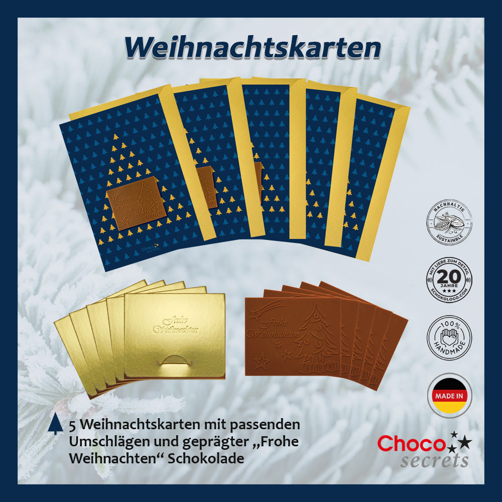 Weihnachtskarten mit Schokoladenprägung in Goldbox, 5er-Set, Kartendesign: dunkelblauer Himmel mit Weihnachtsbaum, Schokoladenprägung: „Frohe Weihnachten“, Umschlag in Gold
