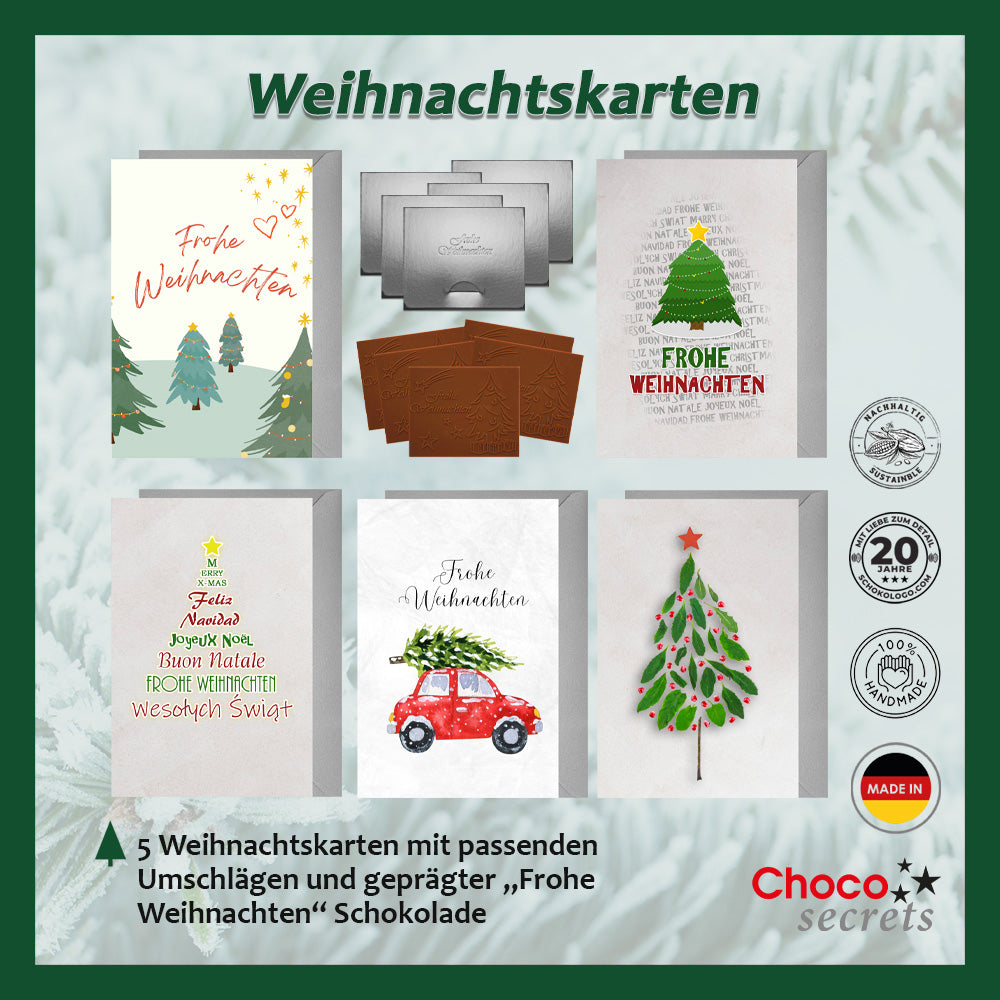 Christmas cards with embossed chocolate in a silver box, set of 5, card design: Mixed Christmas trees, embossed chocolate: "Frohe Weihnachten", envelope in silver