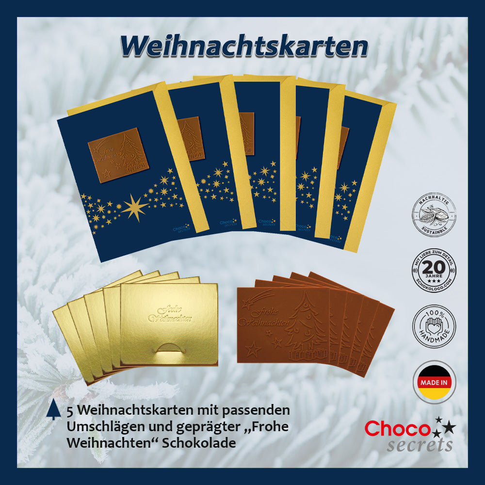 Christmas cards with embossed chocolate in a gold box, set of 5, card design: dark blue sky with star band, embossed chocolate: "Frohe Weihnachten", envelope in gold