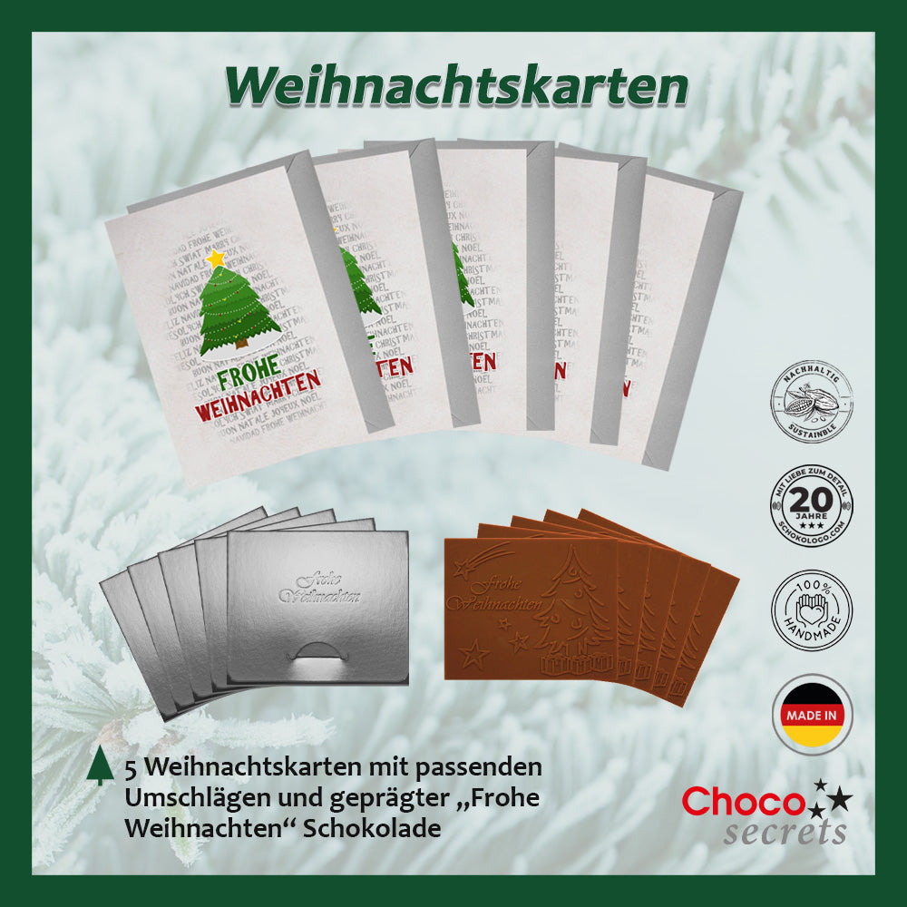 Christmas cards with embossed chocolate in a silver box, set of 5, card design: Christmas wishes multi Lang, embossed chocolate: "Frohe Weihnachten", envelope in silver