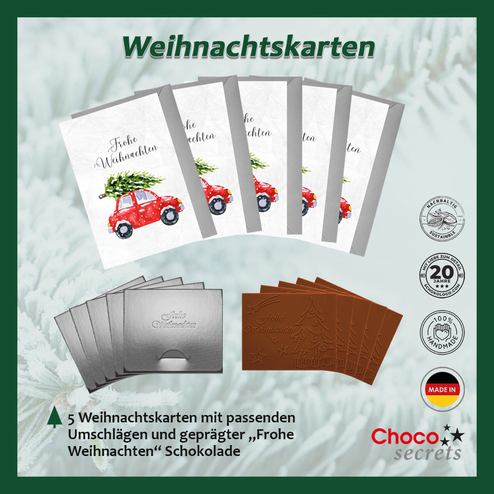 Christmas cards with embossed chocolate in a silver box, set of 5, card design: Christmas tree with Car, embossed chocolate: "Frohe Weihnachten", envelope in silver