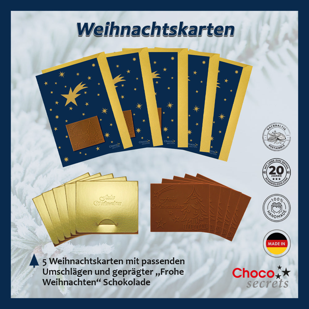 Tarjetas navideñas con chocolate en relieve en caja dorada, juego de 5, diseño de tarjeta: cielo azul oscuro con estrellas doradas, chocolate en relieve: "Frohe Weihnachten", sobre dorado