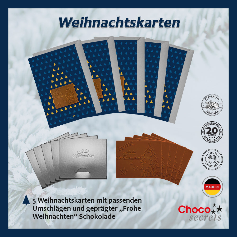 Christmas cards with embossed chocolate in a silver box, set of 5, card design: dark blue sky with Christmas tree, embossed chocolate: "Frohe Weihnachten", envelope in silver