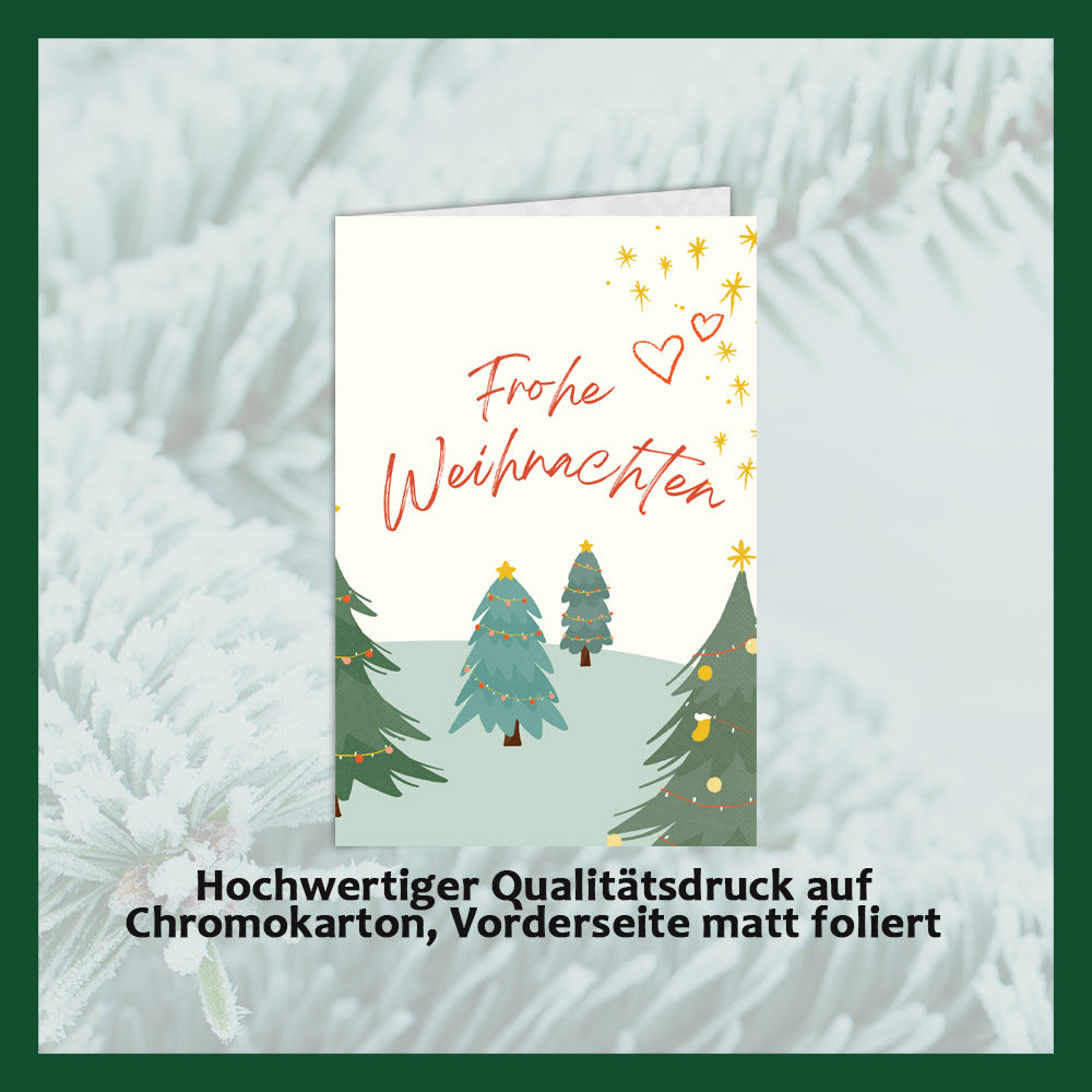 Christmas cards with embossed chocolate in a silver box, set of 5, card design: Christmas trees, embossed chocolate: "Frohe Weihnachten", envelope in silver