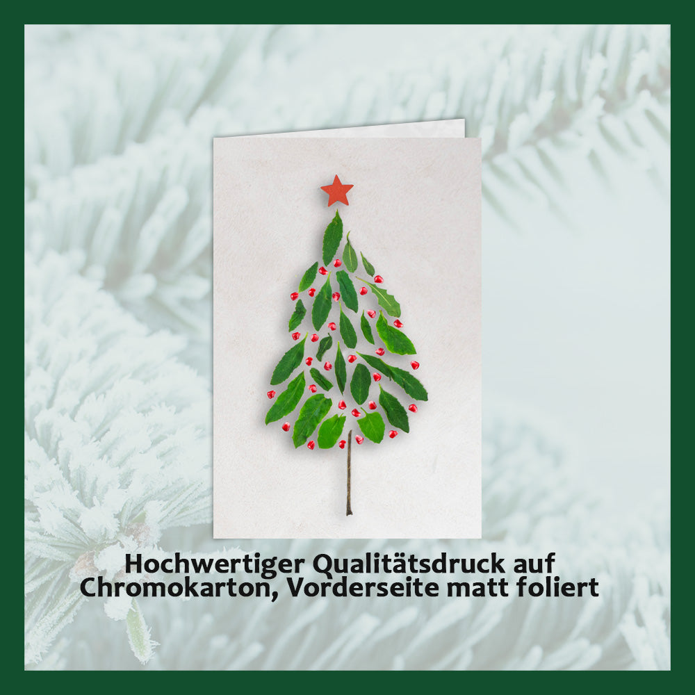 Christmas cards with embossed chocolate in a silver box, set of 5, card design: Leaf Christmas tree, embossed chocolate: "Frohe Weihnachten", envelope in silver