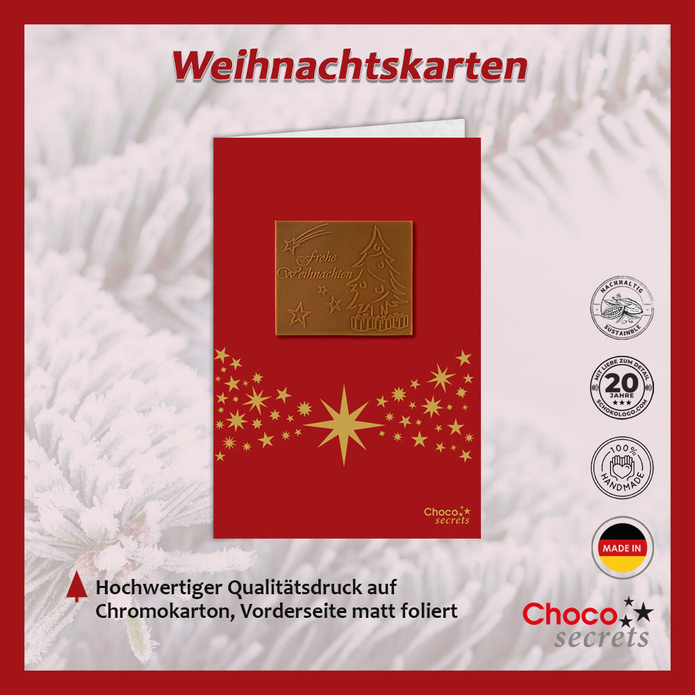 Biglietti di Natale con cioccolato goffrato in scatola dorata, set da 5, design biglietto: rosso con fascia a stella, cioccolato goffrato: "Frohe Weihnachten", busta in oro