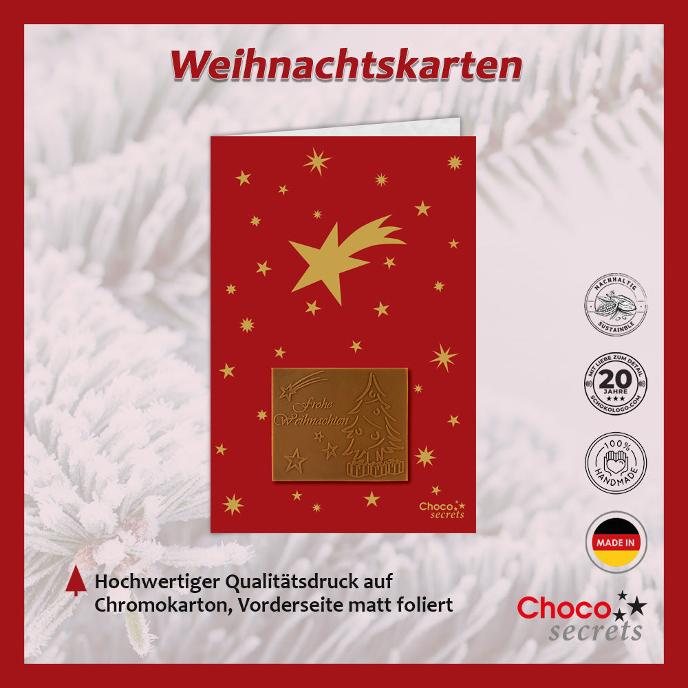 Cartes de Noël avec chocolat en relief dans une boîte dorée, lot de 5, motif de carte : rouge avec étoiles dorées, chocolat en relief : "Frohe Weihnachten", enveloppe en or