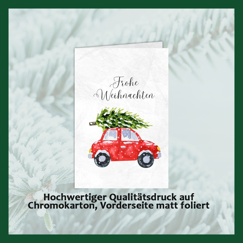 Christmas cards with embossed chocolate in a silver box, set of 5, card design: Christmas tree with Car, embossed chocolate: "Frohe Weihnachten", envelope in silver