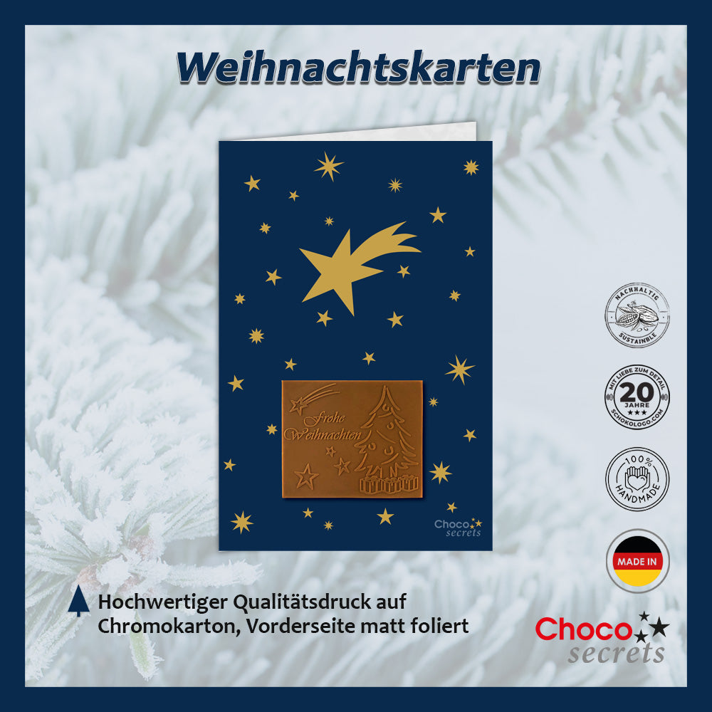 Tarjetas navideñas con chocolate en relieve en caja dorada, juego de 5, diseño de tarjeta: cielo azul oscuro con estrellas doradas, chocolate en relieve: "Frohe Weihnachten", sobre dorado