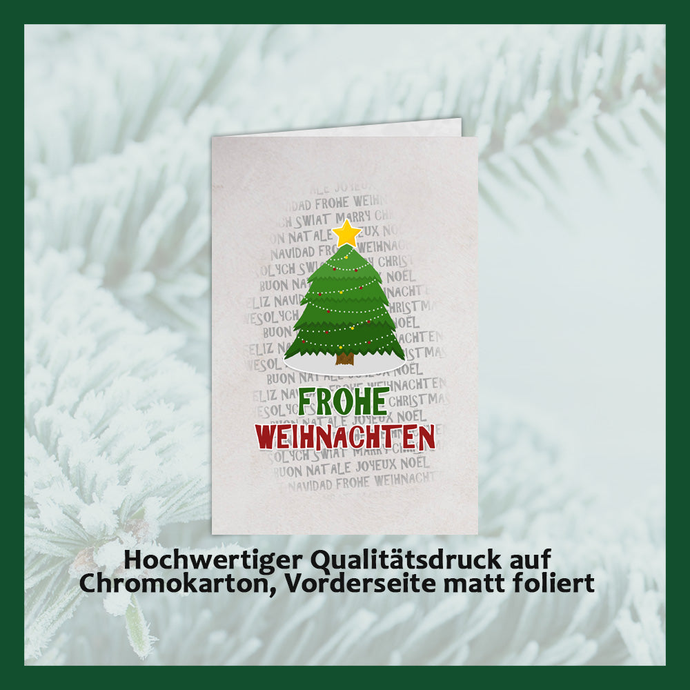 Christmas cards with embossed chocolate in a silver box, set of 5, card design: Christmas wishes multi Lang, embossed chocolate: "Frohe Weihnachten", envelope in silver