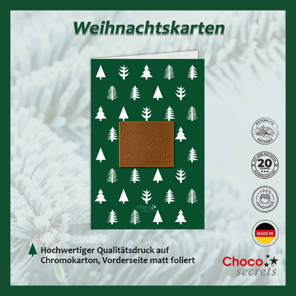 Christmas cards with embossed chocolate in a silver box, set of 5, card design: green with trees, embossed chocolate: "Frohe Weihnachten", envelope in silver