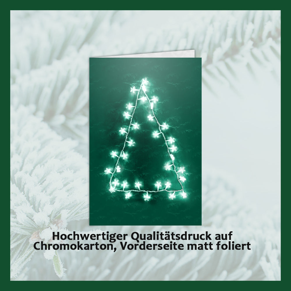 Christmas cards with embossed chocolate in a silver box, set of 5, card design: Christmas tree Lights, embossed chocolate: "Frohe Weihnachten", envelope in silver