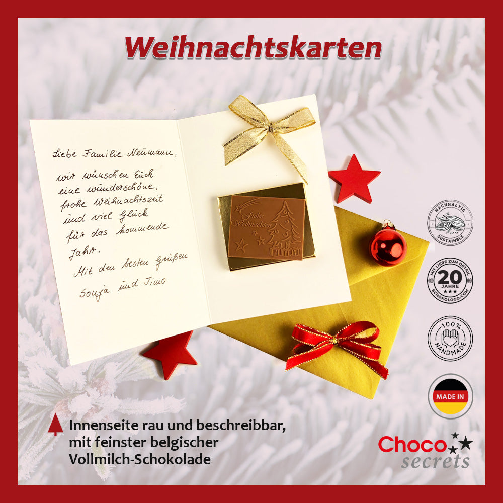Biglietti di Natale con cioccolato goffrato in scatola dorata, set da 5, design biglietto: rosso con fascia a stella, cioccolato goffrato: "Frohe Weihnachten", busta in oro