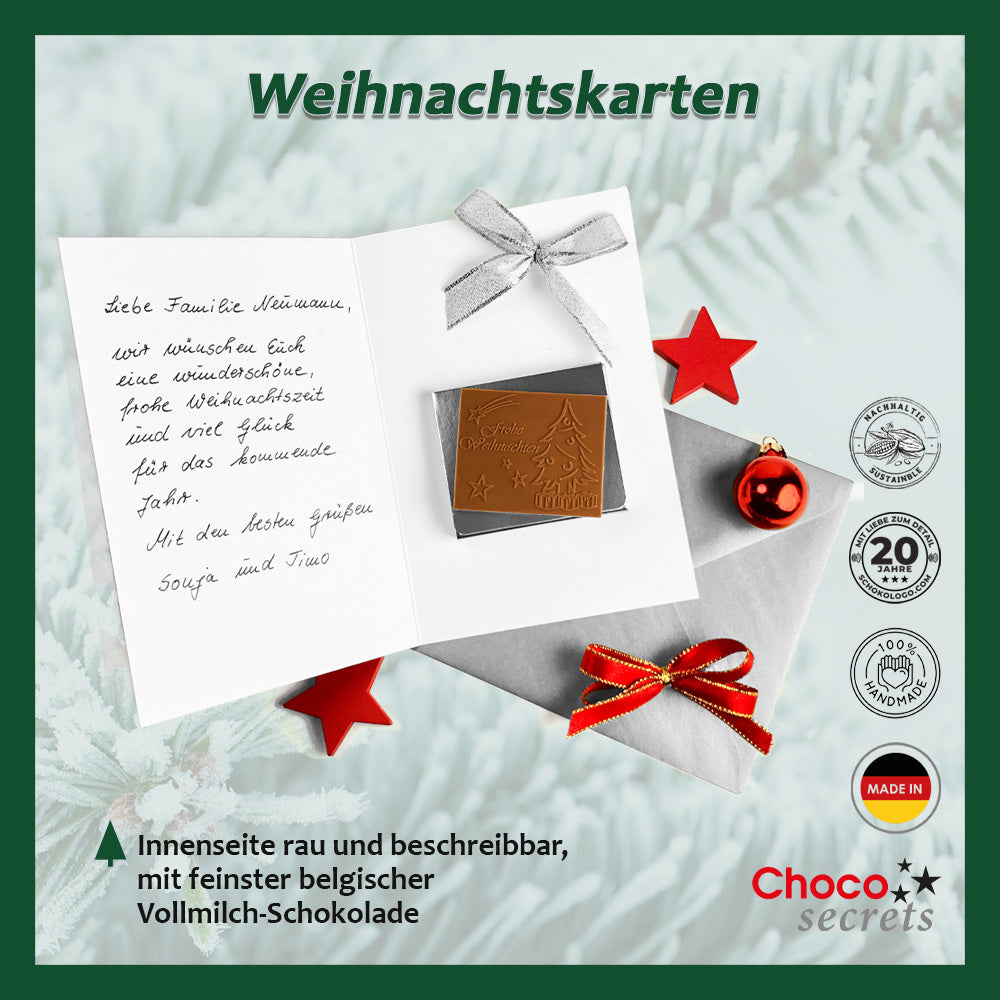 Christmas cards with embossed chocolate in a silver box, set of 5, card design: green with Fir trees, embossed chocolate: 'Frohe Weihnachten', envelope in silver