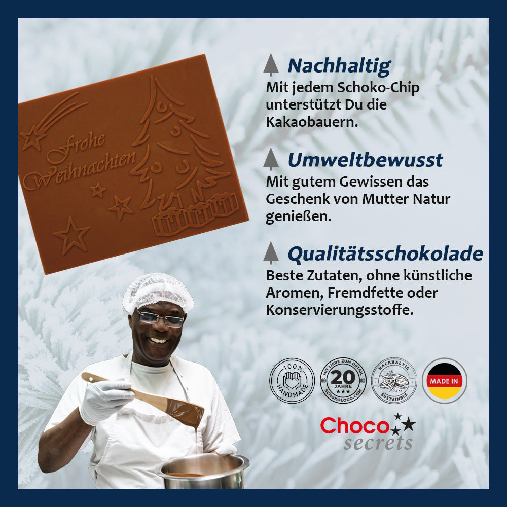 Christmas cards with embossed chocolate in a gold box, set of 5, card design: dark blue sky with star band, embossed chocolate: "Frohe Weihnachten", envelope in gold