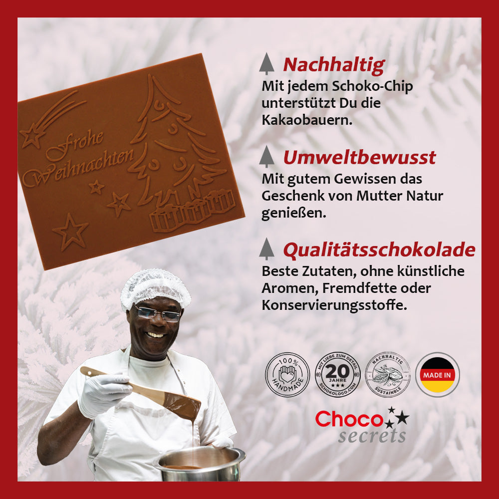 Cartes de Noël avec chocolat en relief dans une boîte dorée, lot de 5, motif de carte : rouge avec étoiles dorées, chocolat en relief : "Frohe Weihnachten", enveloppe en or