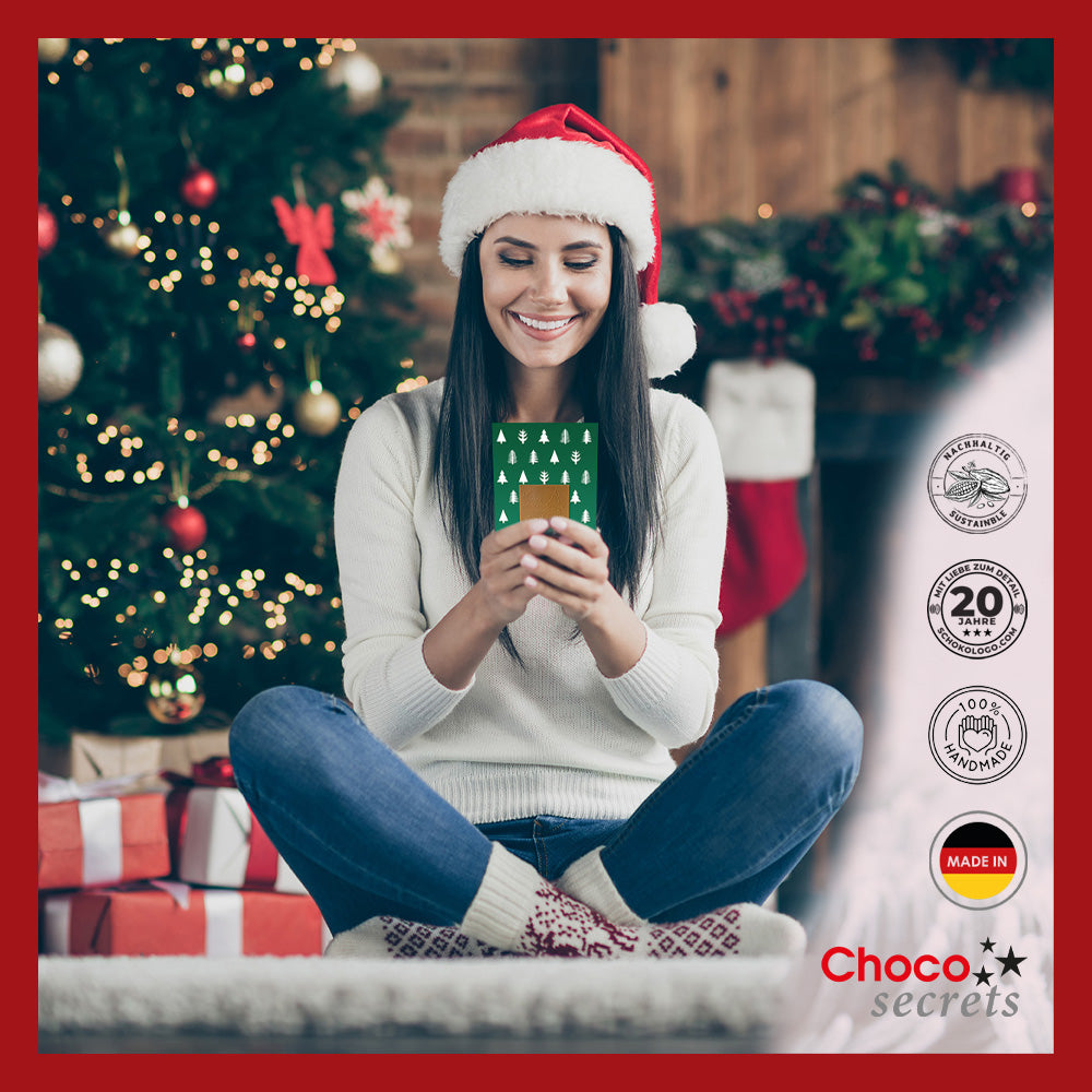 Biglietti di Natale con cioccolato goffrato in scatola dorata, set da 5, design biglietto: rosso con fascia a stella, cioccolato goffrato: "Frohe Weihnachten", busta in oro