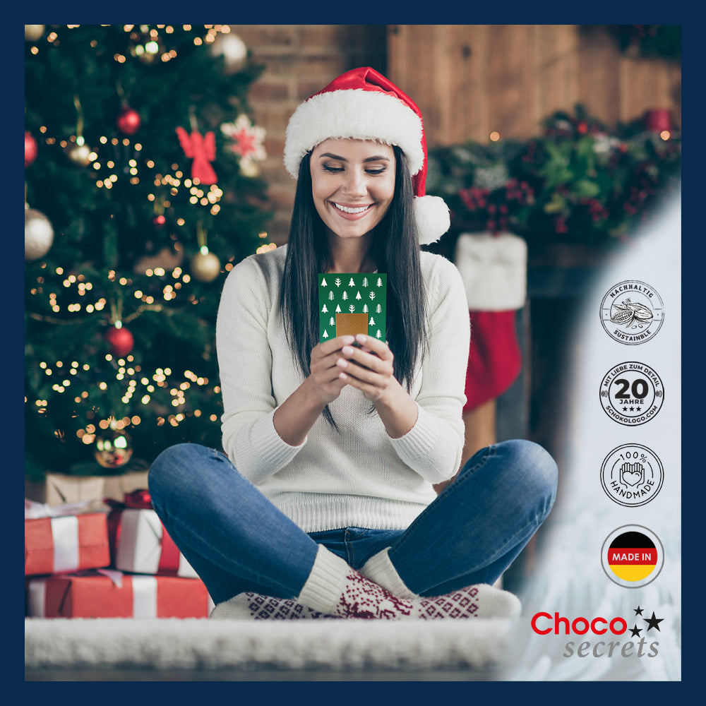 Tarjetas navideñas con chocolate en relieve en caja dorada, juego de 5, diseño de tarjeta: cielo azul oscuro con estrellas doradas, chocolate en relieve: "Frohe Weihnachten", sobre dorado