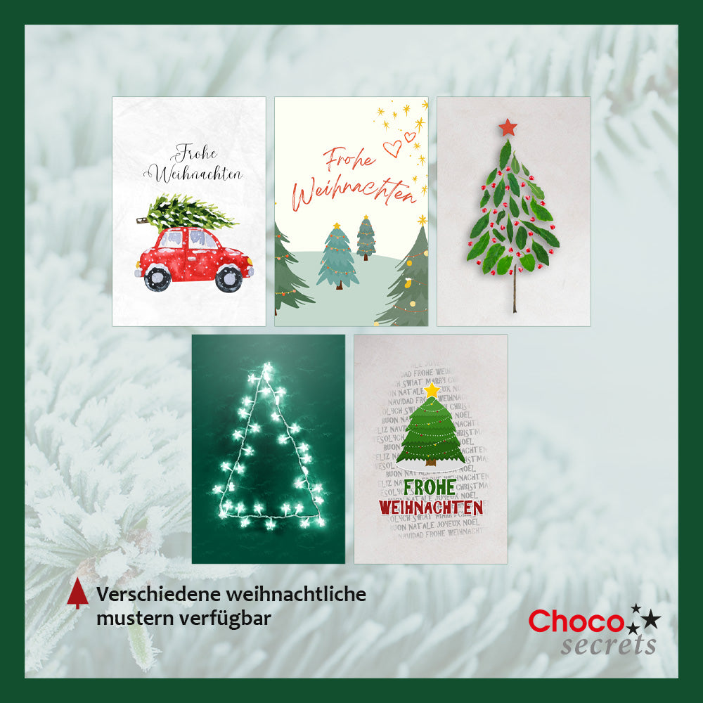 Christmas cards with embossed chocolate in a silver box, set of 5, card design: Christmas trees, embossed chocolate: "Frohe Weihnachten", envelope in silver