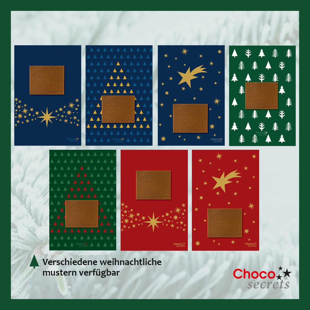 Christmas cards with embossed chocolate in a silver box, set of 5, card design: green with trees, embossed chocolate: "Frohe Weihnachten", envelope in silver