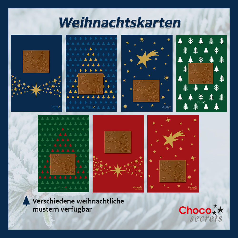 Christmas cards with embossed chocolate in a gold box, set of 5, card design: dark blue sky with star band, embossed chocolate: "Frohe Weihnachten", envelope in gold
