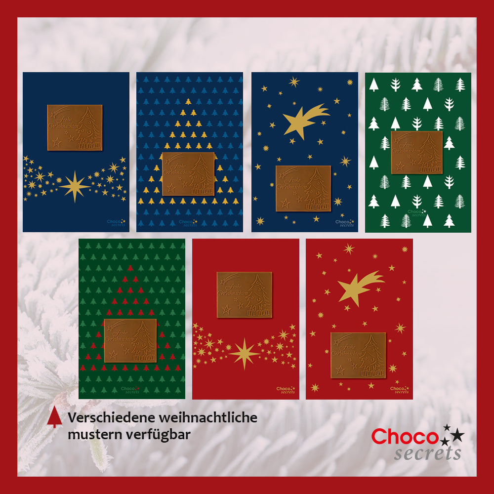 Cartes de Noël avec chocolat en relief dans une boîte dorée, lot de 5, motif de carte : rouge avec étoiles dorées, chocolat en relief : "Frohe Weihnachten", enveloppe en or