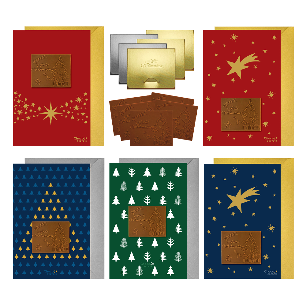 Christmas cards with embossed chocolate in silver and gold boxes, set of 5, different card designs, embossed chocolate: "Frohe Weihnachten", envelope in silver and gold
