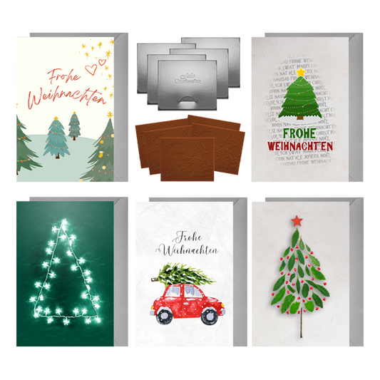 Tarjetas de Navidad con chocolate en relieve en caja dorada, juego de 5, diseño de tarjeta: cielo azul oscuro con árbol de Navidad, chocolate en relieve: "Frohe Weihnachten", sobre dorado