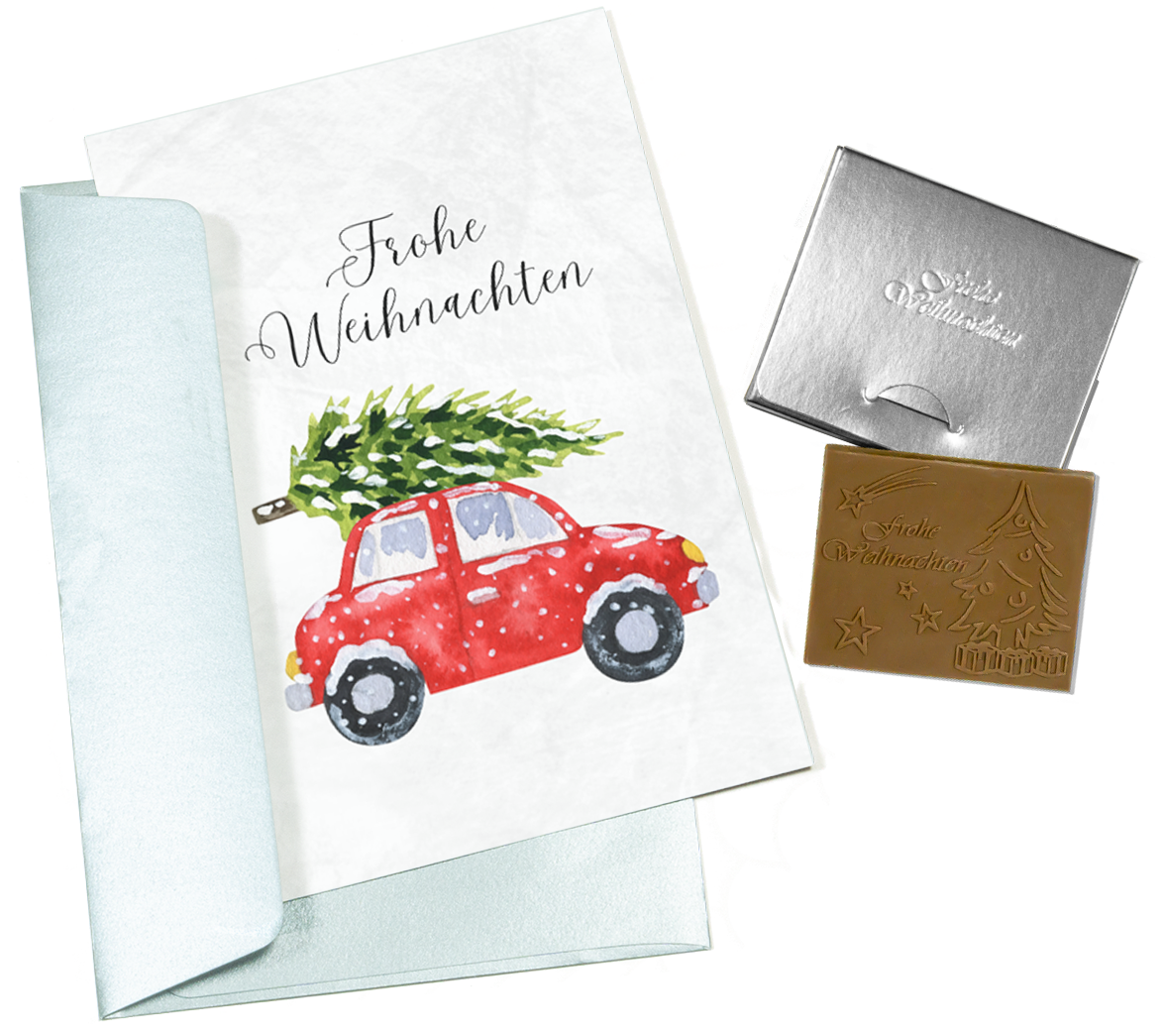 Christmas cards with embossed chocolate in a silver box, set of 5, card design: Christmas tree with Car, embossed chocolate: "Frohe Weihnachten", envelope in silver