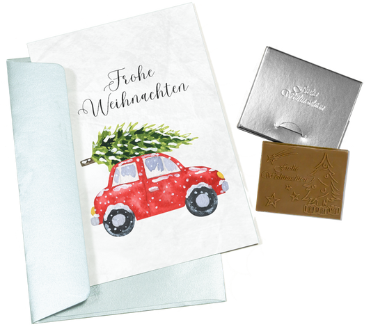 Cartes de Noël avec chocolat en relief dans une boîte en argent, lot de 5, motif de carte : sapin de Noël avec voiture, chocolat en relief : "Frohe Weihnachten", enveloppe en argent