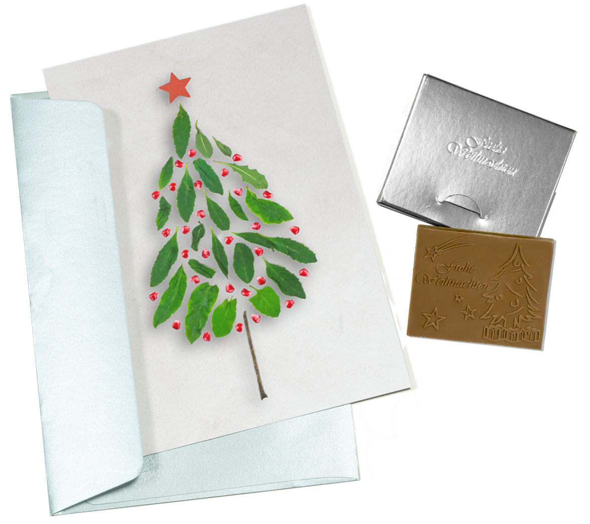 Christmas cards with embossed chocolate in a silver box, set of 5, card design: Leaf Christmas tree, embossed chocolate: "Frohe Weihnachten", envelope in silver