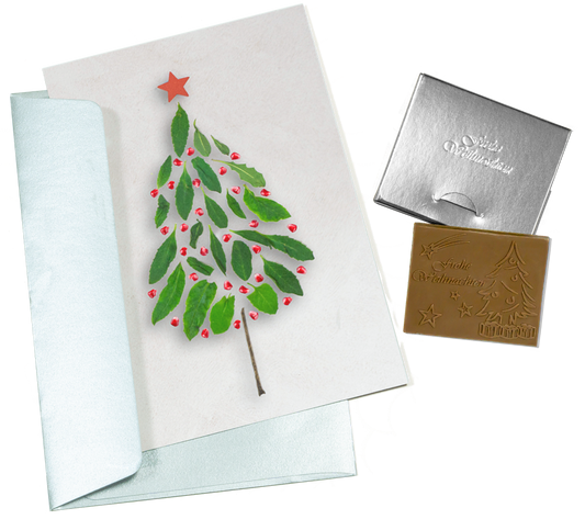 Tarjetas de Navidad con chocolate en relieve en caja dorada, juego de 5, diseño de tarjeta: cielo azul oscuro con árbol de Navidad, chocolate en relieve: "Frohe Weihnachten", sobre dorado