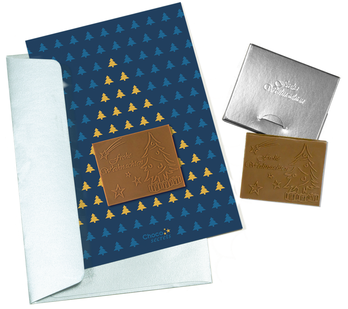 Christmas cards with embossed chocolate in a silver box, set of 5, card design: dark blue sky with Christmas tree, embossed chocolate: "Frohe Weihnachten", envelope in silver