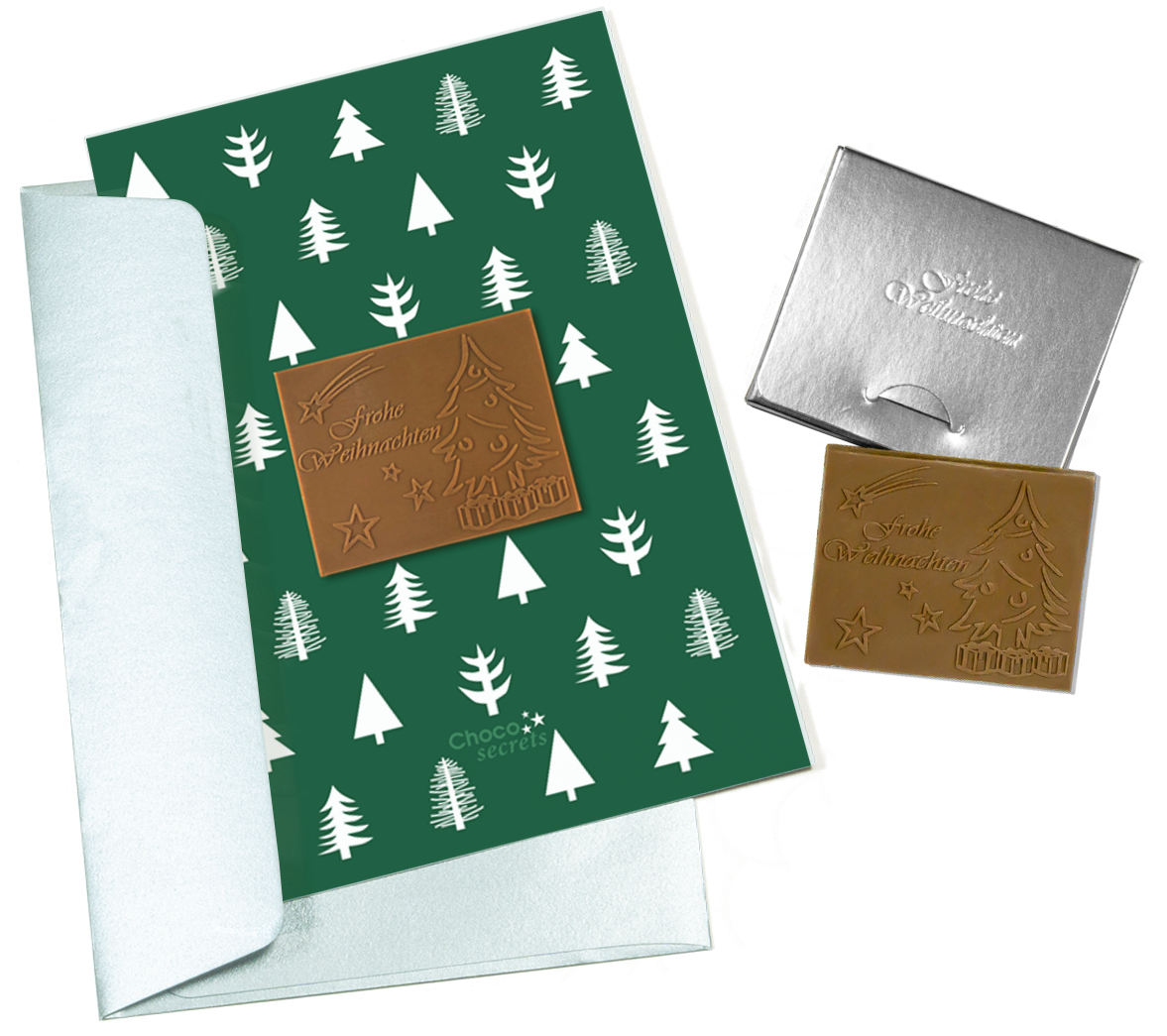 Christmas cards with embossed chocolate in a silver box, set of 5, card design: green with trees, embossed chocolate: "Frohe Weihnachten", envelope in silver
