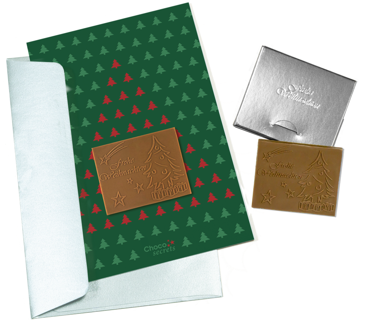 Christmas cards with embossed chocolate in a silver box, set of 5, card design: green with Fir trees, embossed chocolate: 'Frohe Weihnachten', envelope in silver