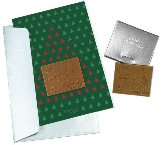 Tarjetas navideñas con chocolate grabado en caja plateada, juego de 5, diseño de tarjeta: verde con abetos, chocolate grabado: "Frohe Weihnachten", sobre plateado